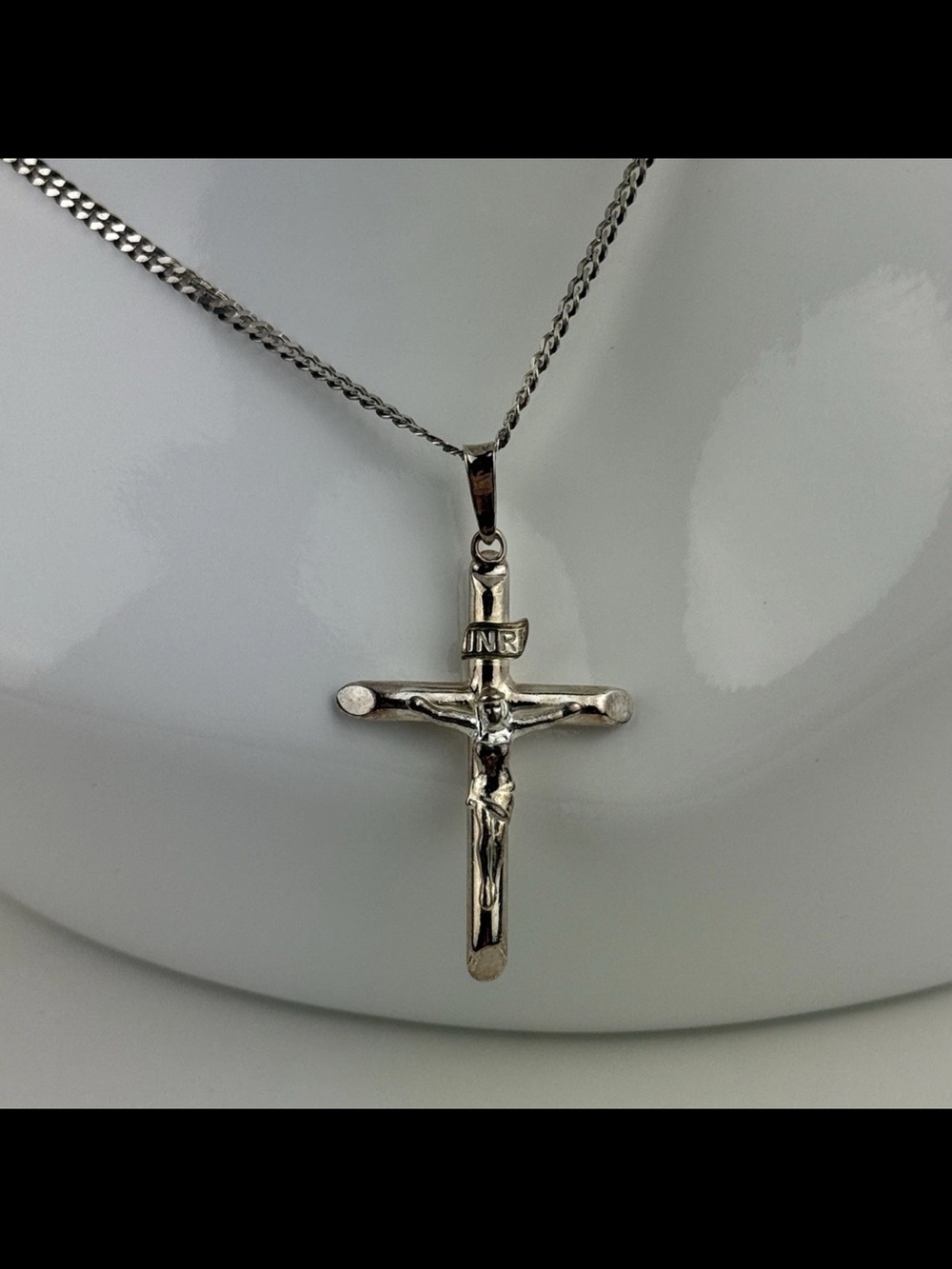 925 Sterling Silver Jesus Christ Crucifix Cross Pendant Necklace Flat Curb Chain